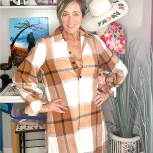 Brown and white plaid flannel button front long sleeve dress